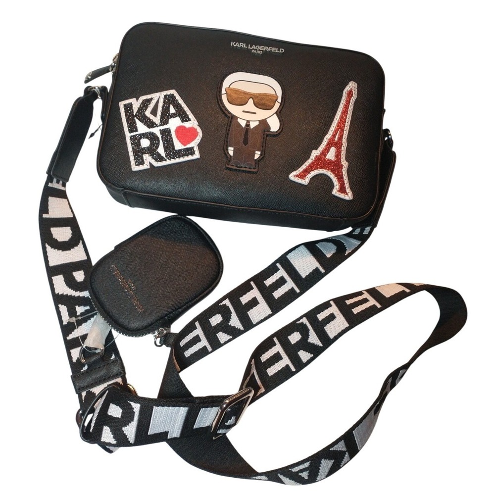 Karl Lagerfeld Paris Maybelle Black Crossbody Bag Eiffel Tower Patches Chic Lux